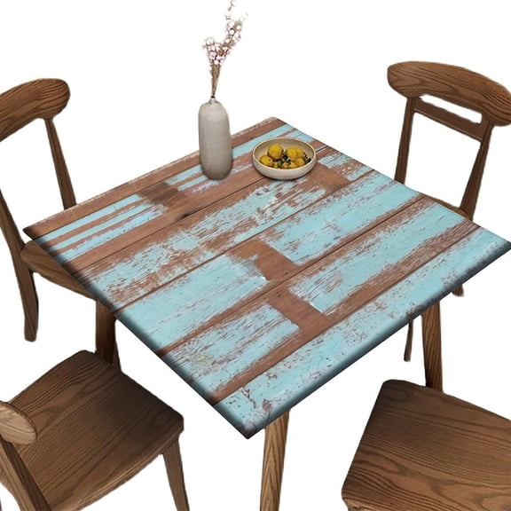 Elastic Edge Fitted Square Tablecloth, Blue Retro Old Wood Grain Polyester Table Cover, for Outdoor Patio and Indoor Kitchen Dining Party, Fit for 34" x 34"Square Table