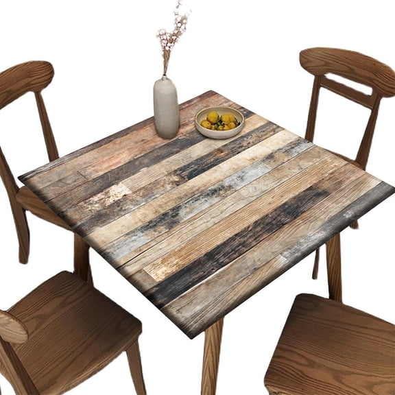 Elastic Edge Fitted Square Tablecloth, Brown White Wood Grain Polyester Table Cover, for Indoor Holiday Family Banquet and Outdoor Patio Use, Fit for 34" x 34" Square Table