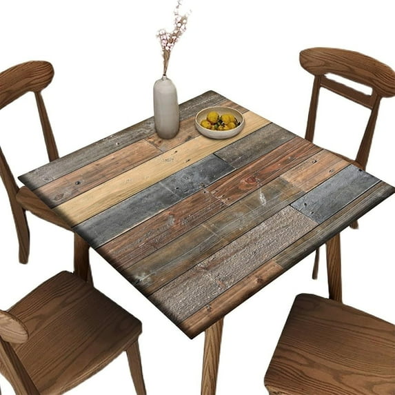 Elastic Edge Fitted Square Tablecloth, Brown Wood Grain Polyester Table Cover, for Outdoor Patio and Indoor Kitchen Dining Party, Fit for 36" x 36"Square Table