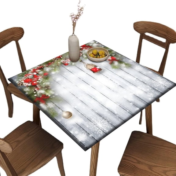 Elastic Edge Fitted Square Tablecloth, Christmas Magic Snow Pattern Printed on Stain Resistant Polyester Table Cloth, for Picnic Camping and Kitchen Dining Party, Fit for 32" x 32" Square Table