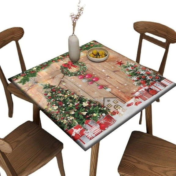 Elastic Edge Fitted Square Tablecloth, Christmas Tree Flowers Polyester Table Cover, for Indoor Outdoor Kitchen Home Party Dinner Patio, Fit for 36" x 36"Square Table