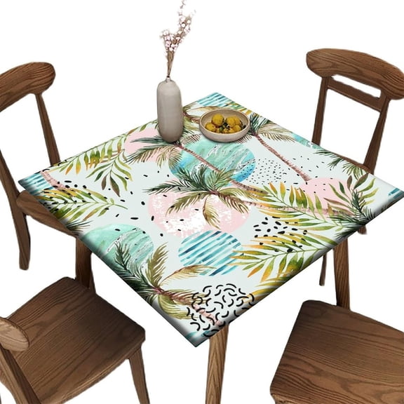 Elastic Edge Fitted Square Tablecloth, Geometric Watercolor Palm Trees Polyester Table Cover, Great for Outdoor Home Kitchen/Parties/Holiday Dinner, Fit for 36" x 36" Square Table