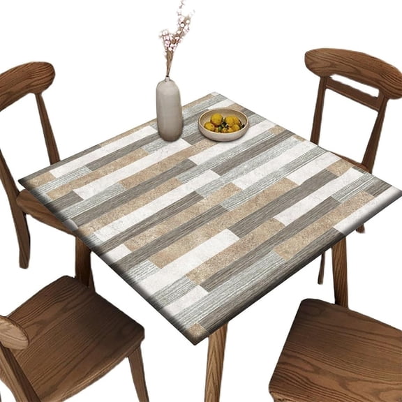 Elastic Edge Fitted Square Tablecloth, Grey Striped Wood Grain Polyester Table Cover, for Indoor Outdoor Kitchen Home Party Dinner Patio, Fit for 40" x 40"Square Table