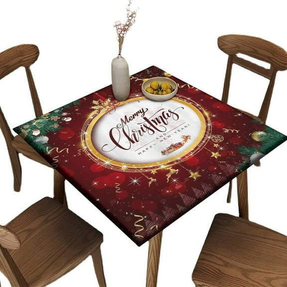 Elastic Edge Fitted Square Tablecloth, Happy New Year and Merry Christmas Polyester Table Cover, for Kitchen Dining Party Patio Tabletop Decoration, Fit for 34" x 34"Square Table