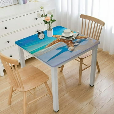 Elastic Edge Fitted Square Tablecloth, Seaside Beach Starfish Polyester Table Cover, for Outdoor Patio and Indoor Kitchen Dining Party