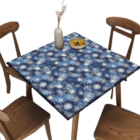 Elastic Edge Fitted Square Tablecloth, Snowflakes Pattern Printed on Wrinkle Resistant Polyester Table Cover, for Kitchen Dining Party Patio Tabletop Decoration, Fit for 36" x 36"Square Table