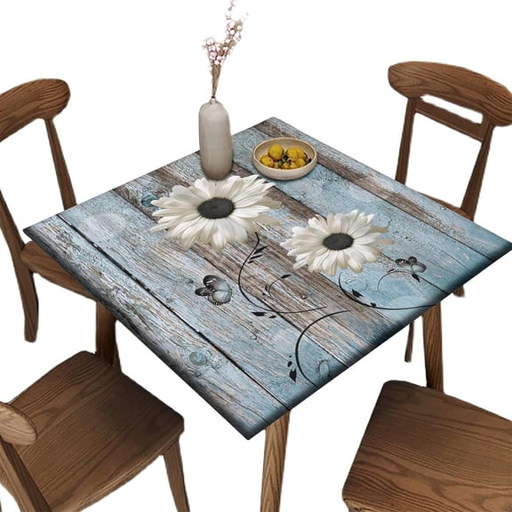 Elastic Edge Fitted Square Tablecloth, Teal and White Daisy Flower Polyester Table Cover, for Indoor Holiday Family Banquet and Outdoor Patio Use, Fit for 32" x 32"Square Table