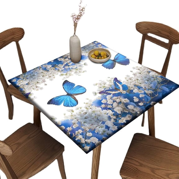 Elastic Edge Fitted Square Tablecloth, White Flowers and Blue Butterflies Polyester Table Cloth, for Kitchen Dining Party Patio Tabletop Decoration, 34(Square)