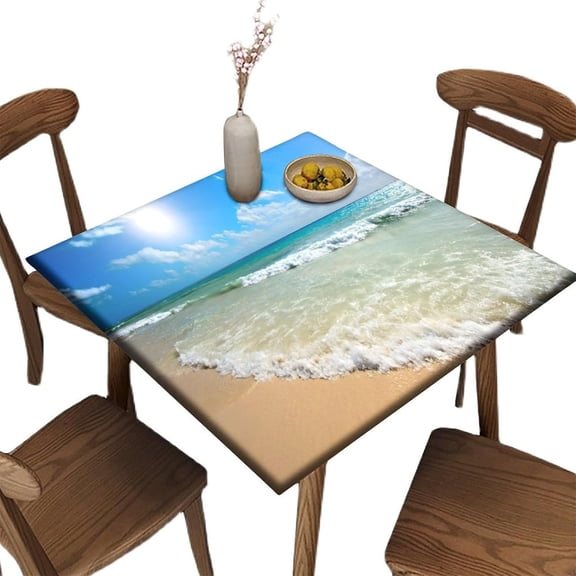 Elastic Edge Fitted Table Cover Square, Ocean Sea Pattern Printed on Stain Resistant Polyester Table Cloth, for Kitchen Dining Party Patio Tabletop Decoration, Fit for 36" x 36"Square Table