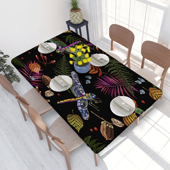 Elastic Edge Fitted Tablecloth Autumn Leaves And Dragonflies Forest Art Acorns for Rectangle Table 4 FT 30 X 48 Inch
