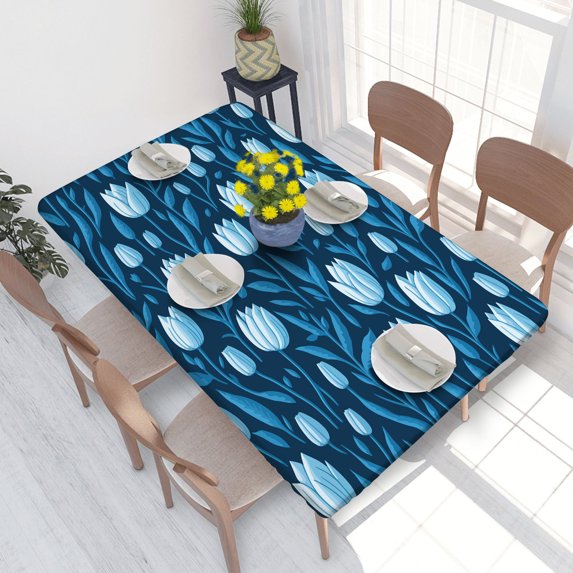 Elastic Edge Fitted Tablecloth Blue And White Floral for Rectangle Table 4 FT 30 X 48 Inch