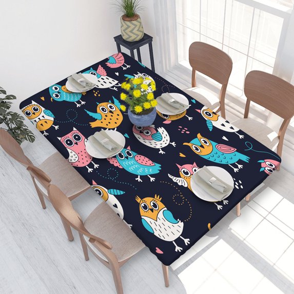 Elastic Edge Fitted Tablecloth Boho Style Birds Flying Owls for Rectangle Table 4 FT 30 X 48 Inch