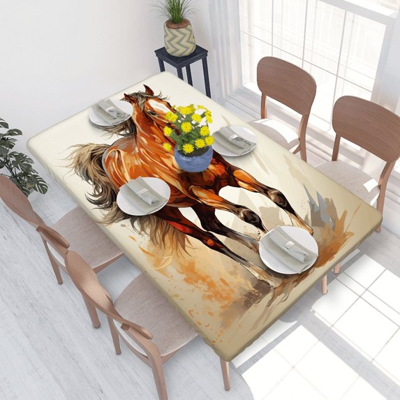 Elastic Edge Fitted Tablecloth Brown Horse Running for Rectangle Table 4 FT 30 X 48 Inch