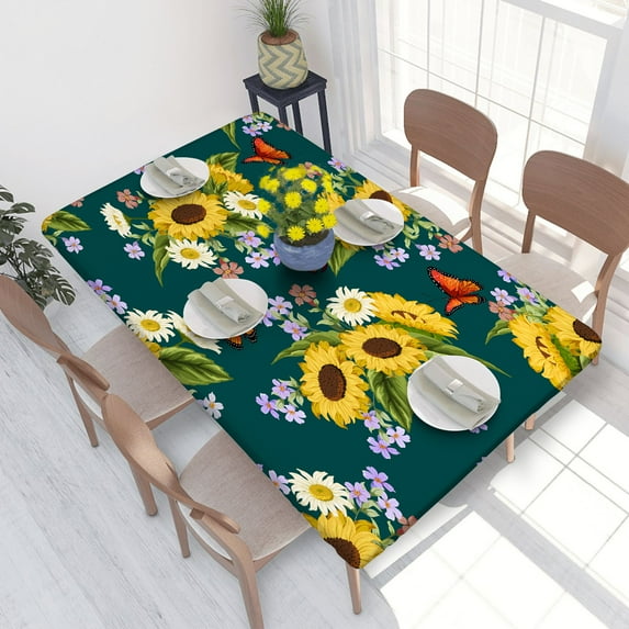 Elastic Edge Fitted Tablecloth Butterflies Bouquets Of Sunflowers for Rectangle Table 4 FT 30 X 48 Inch
