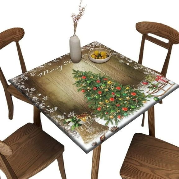 Elastic Edge Fitted Tablecloth for Card Table, Christmas Pattern Printed on Stretchable Polyester Table Cover, for Dinner Terrace Party, Fit for 36" x 36"Square Table