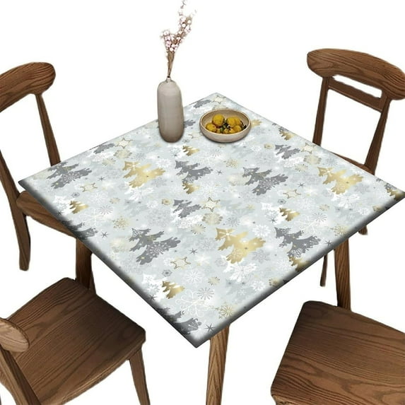 Elastic Edge Fitted Tablecloth for Card Table, Christmas Trees Pattern Printed on Elastic Polyester Table Cloth, for Outdoor Patio and Indoor Kitchen Dining Party, Fit for 32" x 32"Square Table