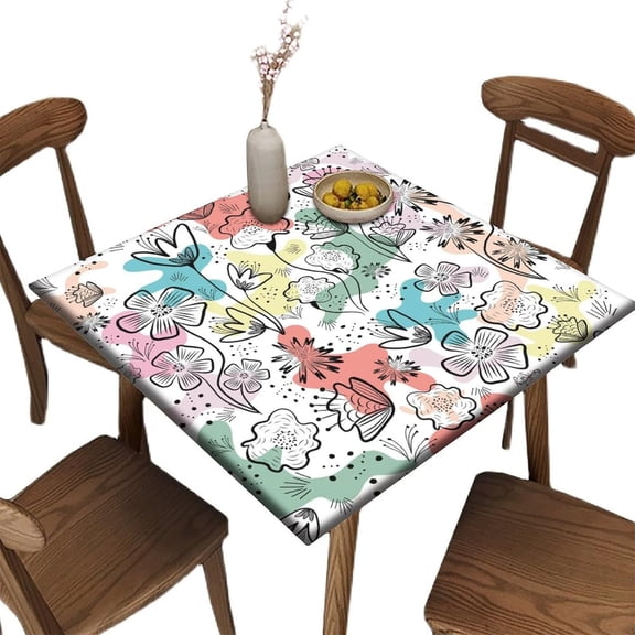 Elastic Edge Fitted Tablecloth for Card Table, Floral Pattern Printed on Stretchable Polyester Table Cover, for Outdoor Picnic Camping and Indoor Kitchen Dining Party, Fit for 36" x 36"square table