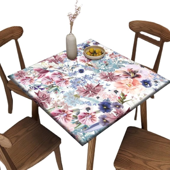 Elastic Edge Fitted Tablecloth for Card Table, Flower Pattern Printed on Wrinkle Resistant Polyester Table Cover, for Indoor Outdoor Party Decor, Fit for 30"" x 30""Square Table