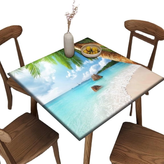 Elastic Edge Fitted Tablecloth for Card Table, Ocean Sea Pattern Printed on Stretchable Polyester Table Cloth, for Outdoor Picnic Camping and Indoor Kitchen Dining Party, Fit for 34" x 34"square table