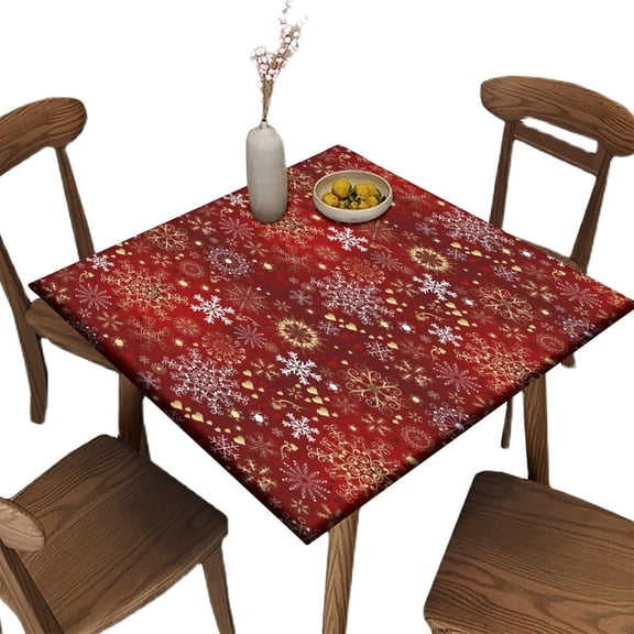 Elastic Edge Fitted Tablecloth for Card Table, Winter Gold White Snowflake Pattern Printed on Stain Resistant Polyester Table Cloth, for Living Room Terrace Washable, Fit for 32" x 32"Square Table