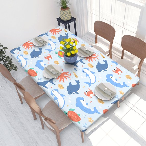 Elastic Edge Fitted Tablecloth Cartoon Dolphin Crab Whale Turtle for Rectangle Table 4 FT 30 X 48 Inch