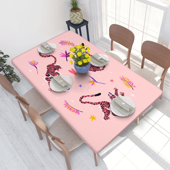 Elastic Edge Fitted Tablecloth Cartoon Tiger Plant And Flower for Rectangle Table 4 FT 30 X 48 Inch
