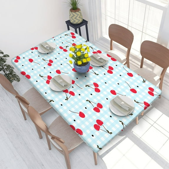 Elastic Edge Fitted Tablecloth Cherries And Dots With Plaid Pattern for Rectangle Table 4 FT 30 X 48 Inch