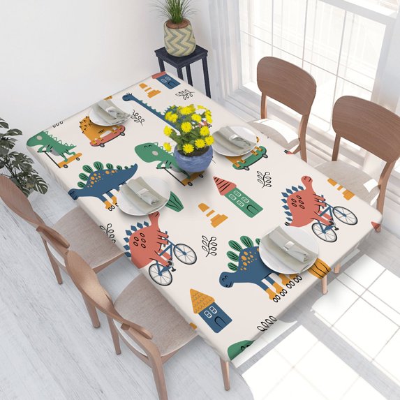 Elastic Edge Fitted Tablecloth Cute Cartoon Dino On A Skateboard Bike Rollers Scooter for Rectangle Table 4 FT 30 X 48 Inch