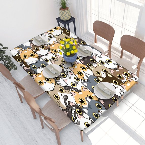 Elastic Edge Fitted Tablecloth Cute Kitty Cat Family for Rectangle Table 4 FT 30 X 48 Inch