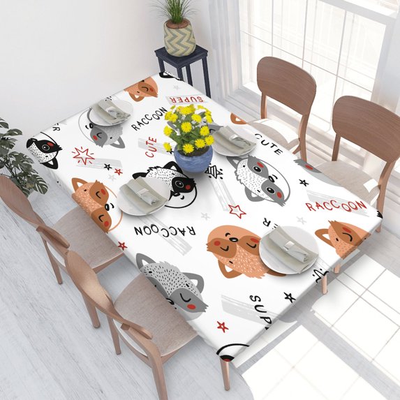 Elastic Edge Fitted Tablecloth Cute Little Raccoon Heads Baby Animals for Rectangle Table 4 FT 30 X 48 Inch