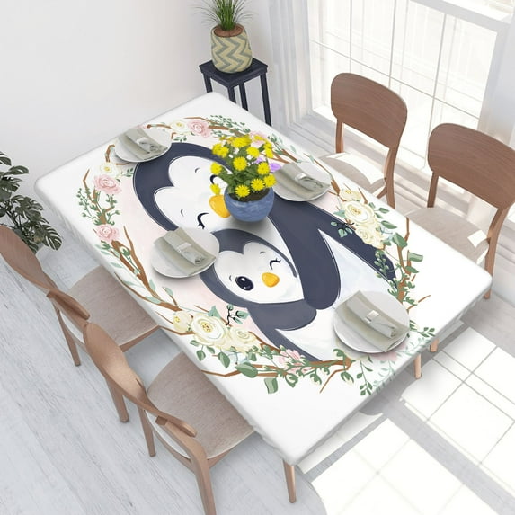 Elastic Edge Fitted Tablecloth Cute Mommy And Baby Penguin for Rectangle Table 4 FT 30 X 48 Inch