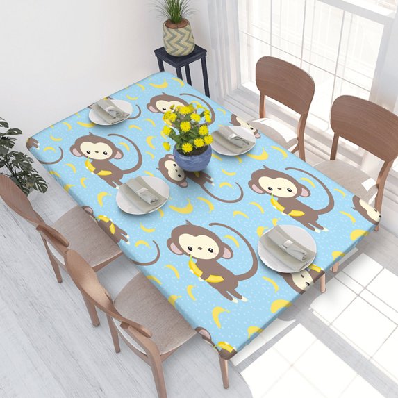 Elastic Edge Fitted Tablecloth Cute Monkey And Banana for Rectangle Table 4 FT 30 X 48 Inch