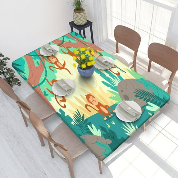 Elastic Edge Fitted Tablecloth Cute Monkeys In Jungle for Rectangle Table 4 FT 30 X 48 Inch