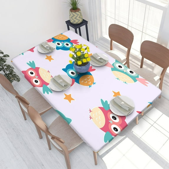 Elastic Edge Fitted Tablecloth Cute Owl With Star for Rectangle Table 4 FT 30 X 48 Inch