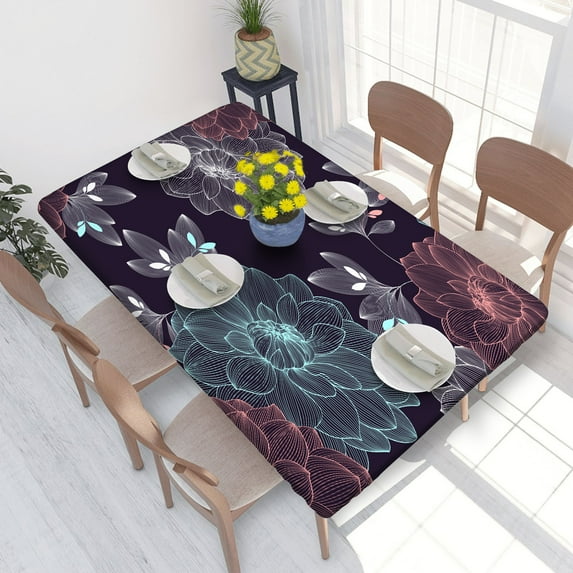 Elastic Edge Fitted Tablecloth Dahlia Flowers Leaves for Rectangle Table 4 FT 30 X 48 Inch