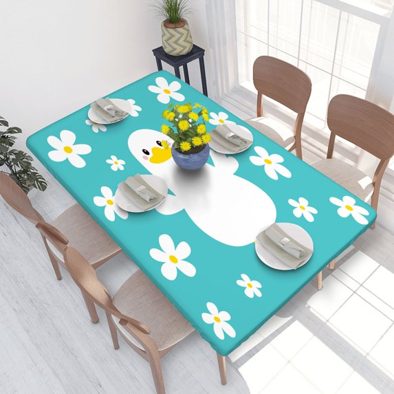 Elastic Edge Fitted Tablecloth Funny Goose Duck White Daisy Chamomil for Rectangle Table 4 FT 30 X 48 Inch