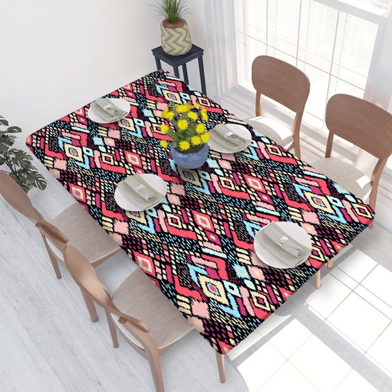 Elastic Edge Fitted Tablecloth Geometric Folklore Ornament With Diamonds Tribal Ethnic for Rectangle Table 4 FT 30 X 48 Inch