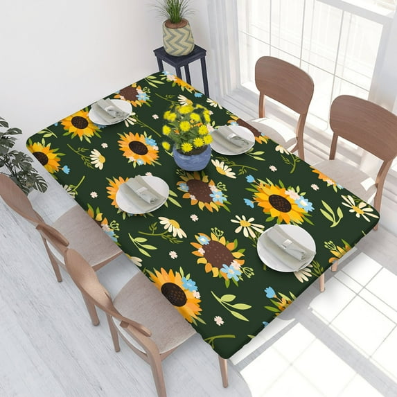 Elastic Edge Fitted Tablecloth Green Sunflowers for Rectangle Table 4 FT 30 X 48 Inch