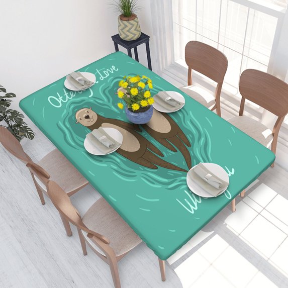 Elastic Edge Fitted Tablecloth Heart Shaped Sea Otters In Love for Rectangle Table 4 FT 30 X 48 Inch