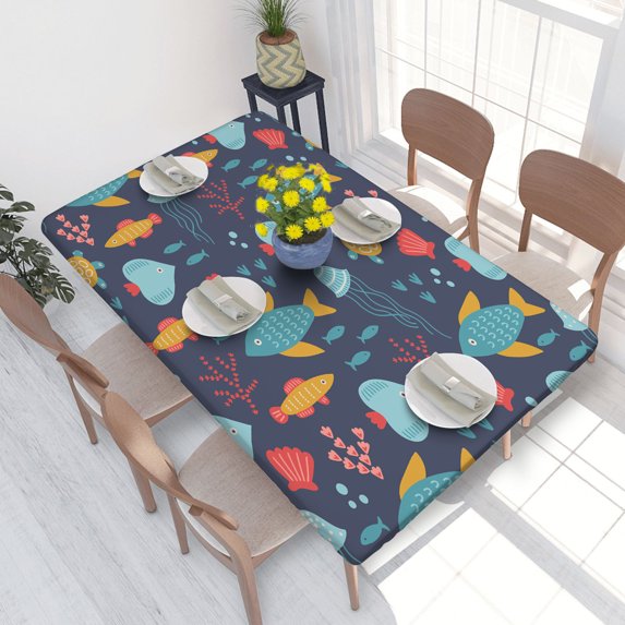 Elastic Edge Fitted Tablecloth Jellyfishes Fishes Corals Turtles Shells Seaweeds for Rectangle Table 4 FT 30 X 48 Inch