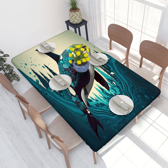 Elastic Edge Fitted Tablecloth Killer Whale Orca for Rectangle Table 4 FT 30 X 48 Inch