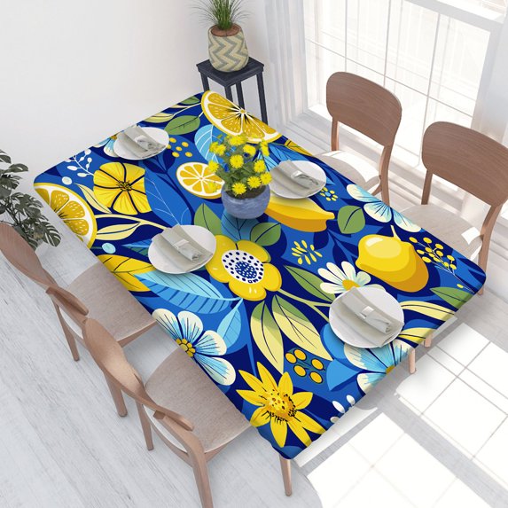 Elastic Edge Fitted Tablecloth Lemon Leaves Blue Or Flowers for Rectangle Table 4 FT 30 X 48 Inch