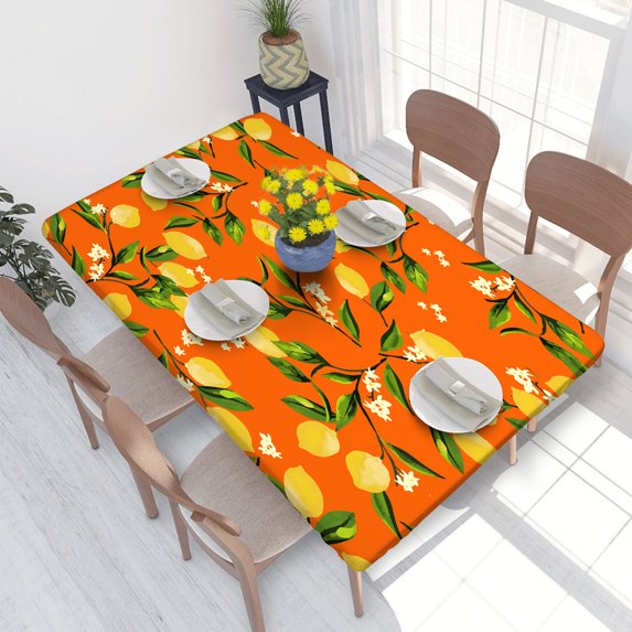 Elastic Edge Fitted Tablecloth Lemon Pattern Organic Fruit for Rectangle Table 4 FT 30 X 48 Inch
