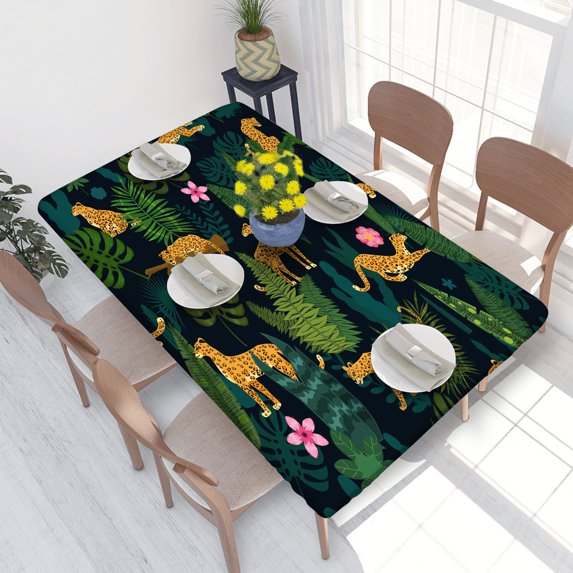 Elastic Edge Fitted Tablecloth Leopard With Tropical Leaves for Rectangle Table 4 FT 30 X 48 Inch