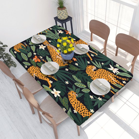Elastic Edge Fitted Tablecloth Leopards Flowers And Tropical Leaves for Rectangle Table 4 FT 30 X 48 Inch