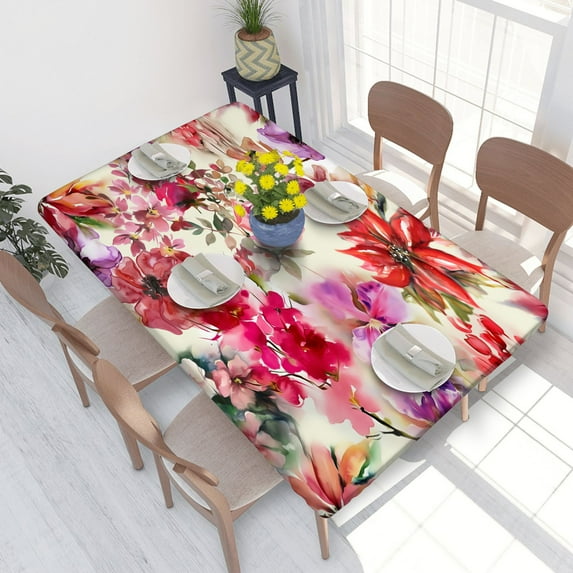 Elastic Edge Fitted Tablecloth Modern Spring Watercolor Flowers for Rectangle Table 4 FT 30 X 48 Inch