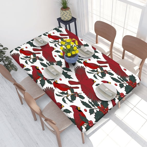 Elastic Edge Fitted Tablecloth Northern Cardinal Birds And Holly Branches for Rectangle Table 4 FT 30 X 48 Inch