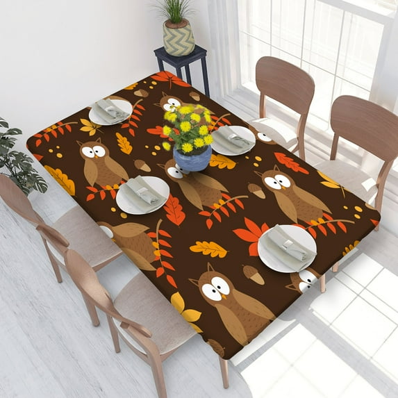 Elastic Edge Fitted Tablecloth Owl Birds And Autumnal Leaves for Rectangle Table 4 FT 30 X 48 Inch