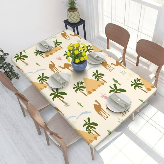 Elastic Edge Fitted Tablecloth Palm Camel Pyramid Cute Camels With Cactus for Rectangle Table 4 FT 30 X 48 Inch