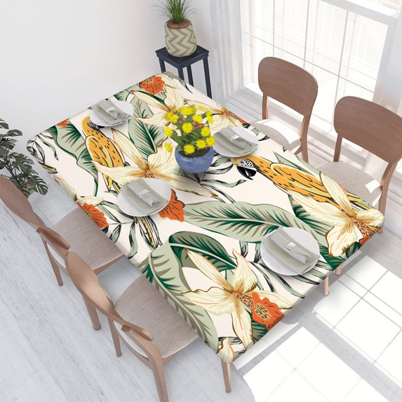 Elastic Edge Fitted Tablecloth Parrots Banana Palm Leaves Orange Orchid Flowers for Rectangle Table 4 FT 30 X 48 Inch